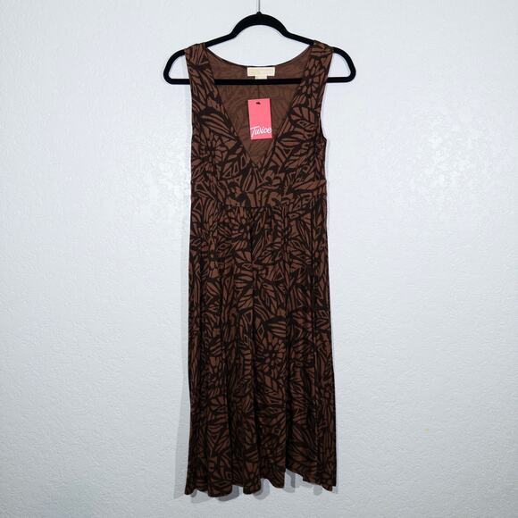 Michael Kors Brown Leaf Patterned Swing Midi Dress Size XS - Picture 1 of 5